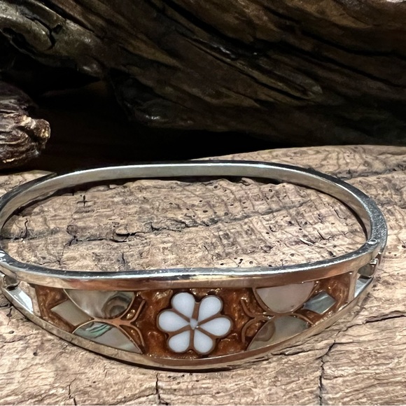 Taxco Mexico Alpaca Copper Enamel Daisy Butterflies Cuff Bracelet Abalone MOP M - Picture 2 of 7